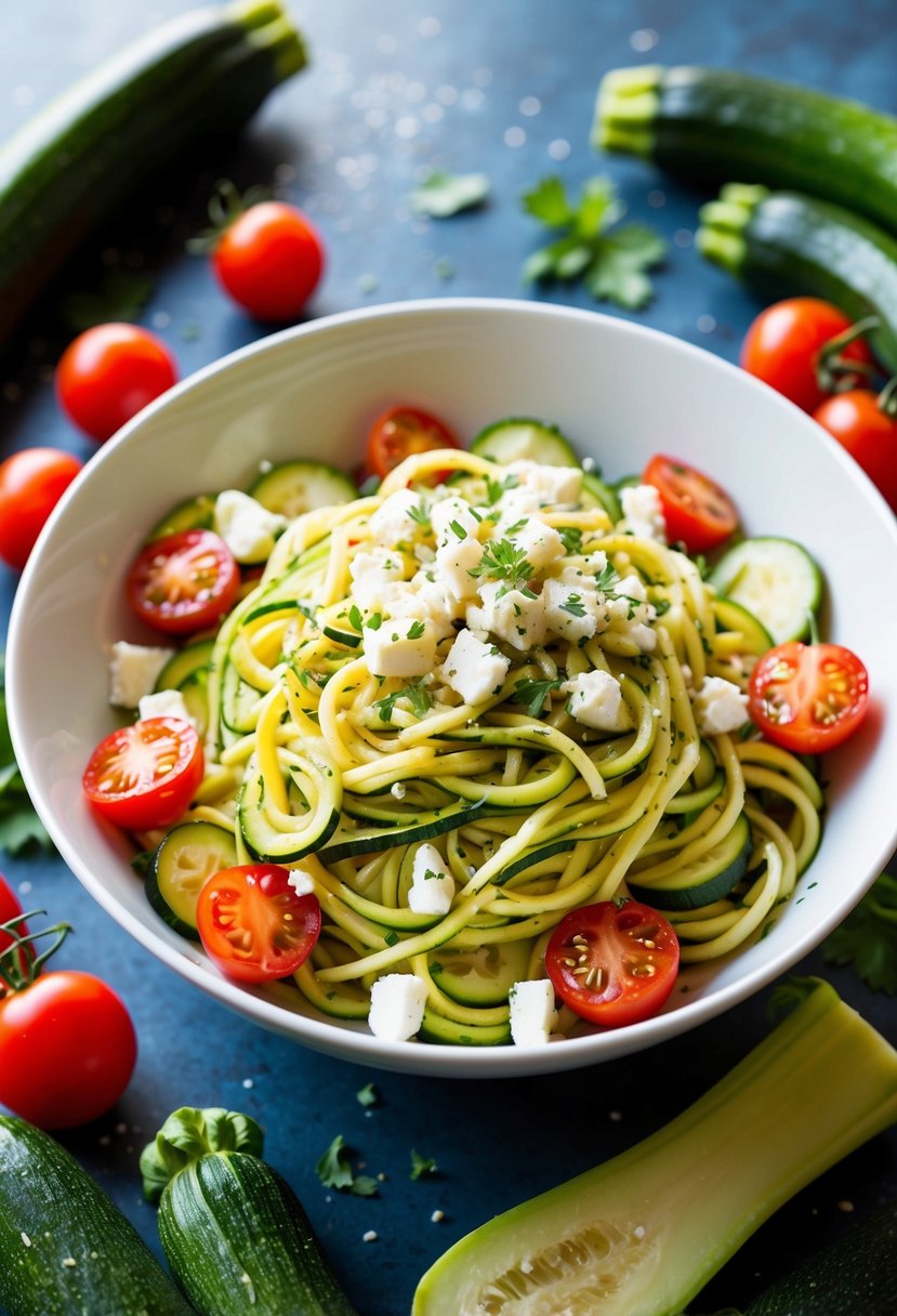 A colorful bowl of zucchini noodle salad topped with crumbled feta cheese, surrounded by fresh zucchini, vibrant cherry tomatoes, and a sprinkling of herbs