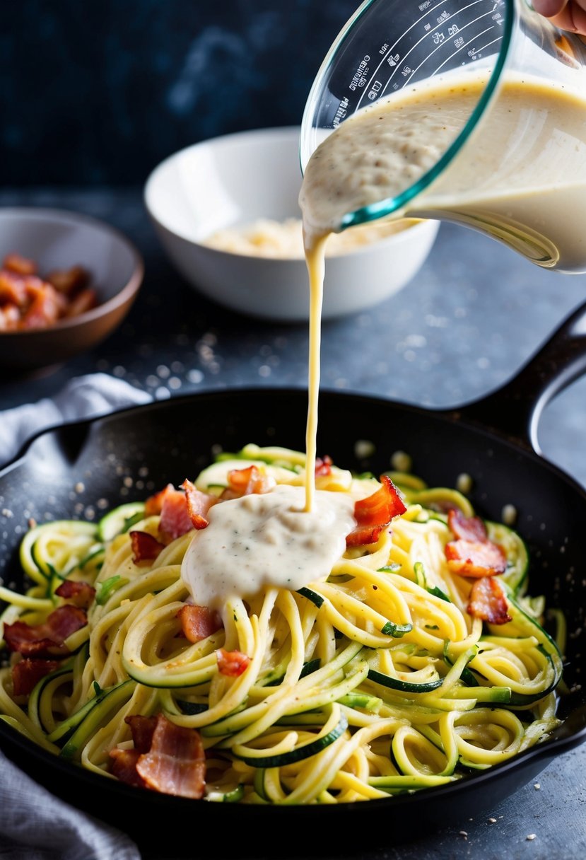 A sizzling skillet of zucchini noodles and bacon, with creamy carbonara sauce being poured over the top