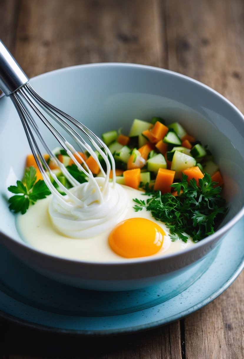 A bowl of whipped egg whites with fresh herbs and diced vegetables ready to be folded into a fluffy omelette