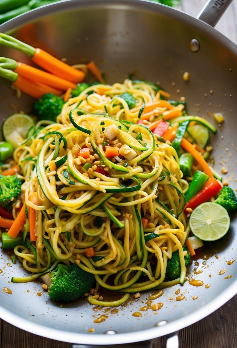 A colorful array of zucchini noodles stir-frying in a wok with aromatic Pad Thai sauce and a variety of fresh vegetables