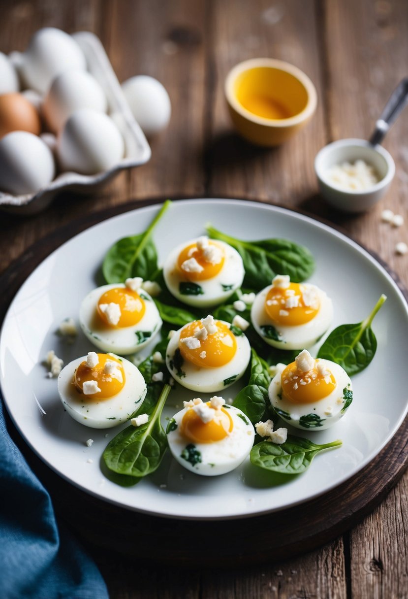 A plate of egg white breakfast bites topped with crumbled feta and fresh spinach, served on a rustic wooden table