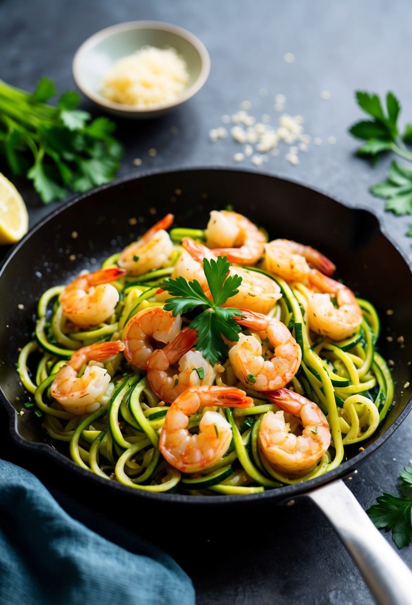 A sizzling skillet of garlic shrimp and zucchini noodles, garnished with fresh parsley