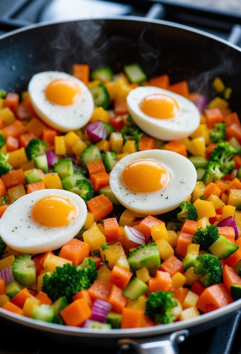 A colorful array of diced vegetables and fluffy egg whites sizzling in a skillet