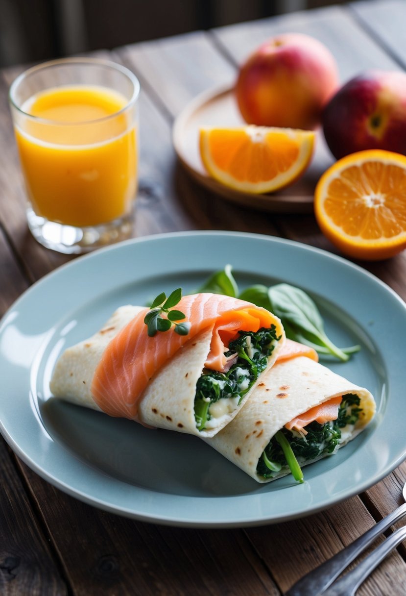 A plate of smoked salmon and spinach egg white wraps on a wooden table with a side of fresh fruit and a glass of orange juice