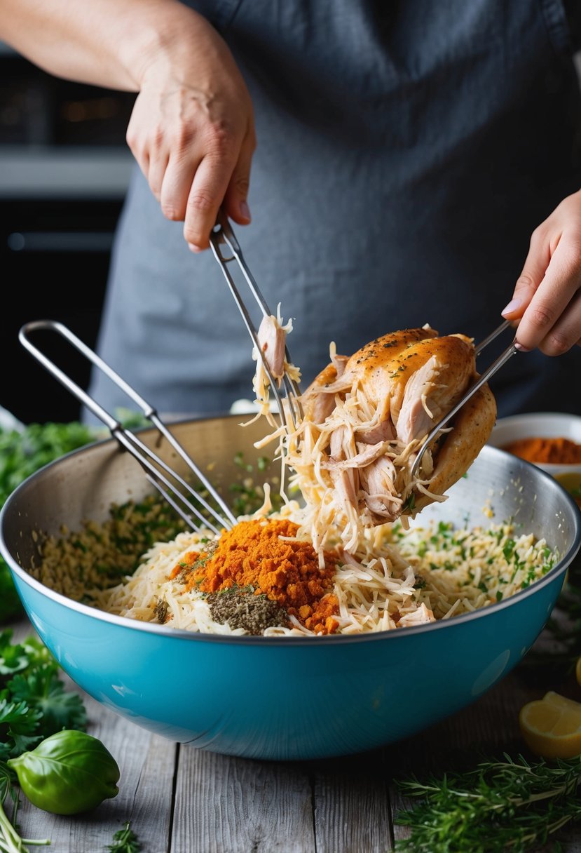 A rotisserie chicken being shredded and mixed with various ingredients in a large mixing bowl, surrounded by fresh herbs, spices, and cooking utensils