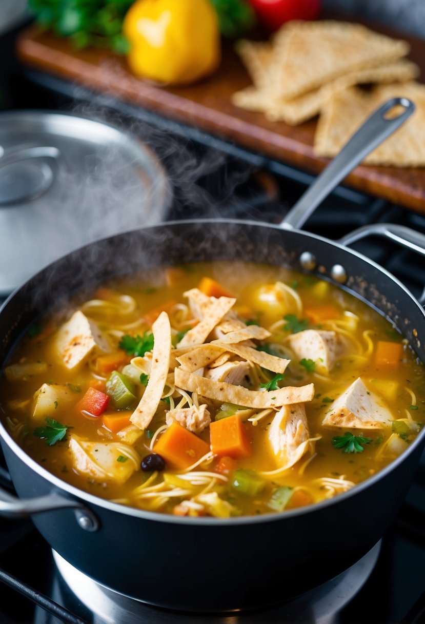 A steaming pot of chicken tortilla soup simmering on the stove, filled with chunks of rotisserie chicken, colorful vegetables, and topped with crispy tortilla strips