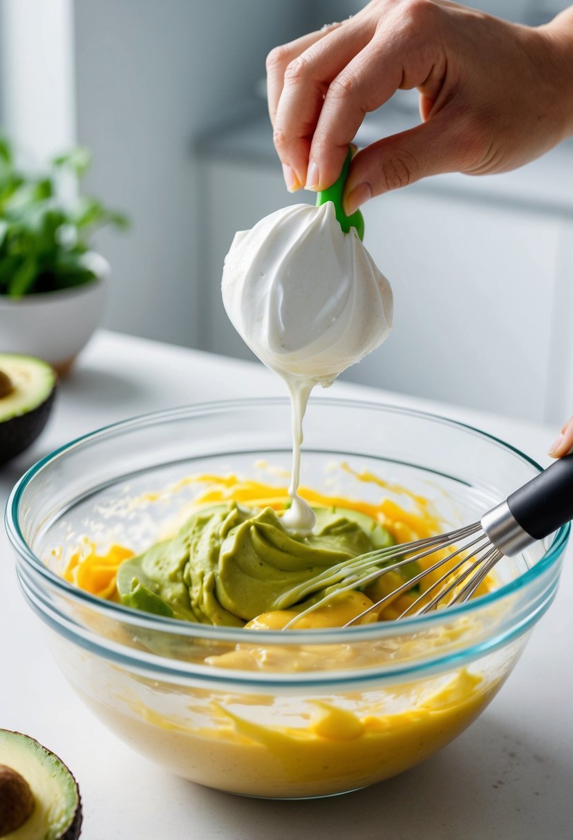 A bowl of whipped egg whites, avocado, and muffin batter being mixed together in a bright, modern kitchen