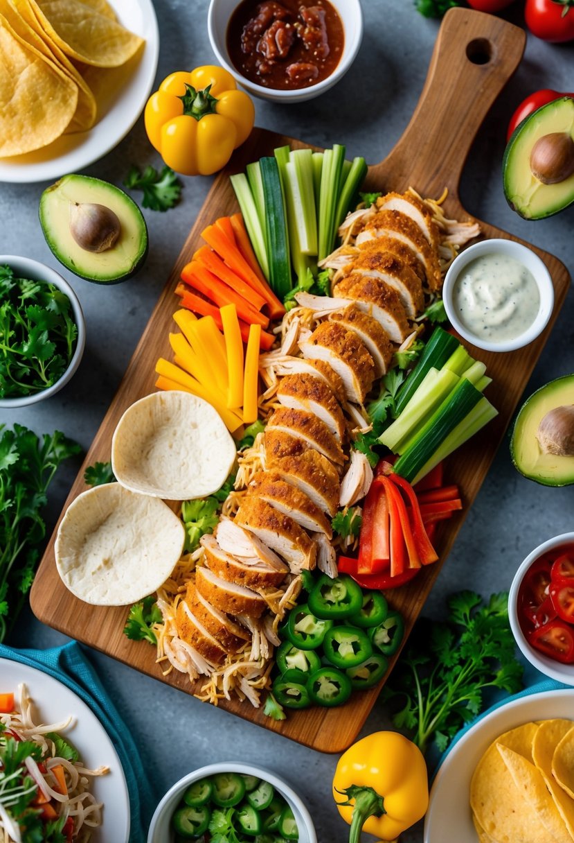 A colorful array of fresh vegetables and shredded rotisserie chicken arranged on a wooden cutting board, surrounded by taco shells and small bowls of various condiments