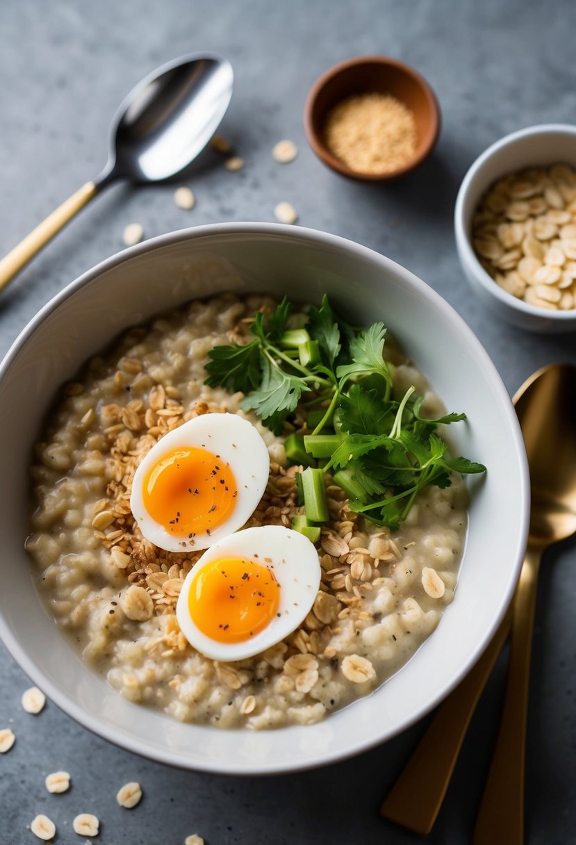 A bowl of oatmeal topped with egg whites and healthy ingredients