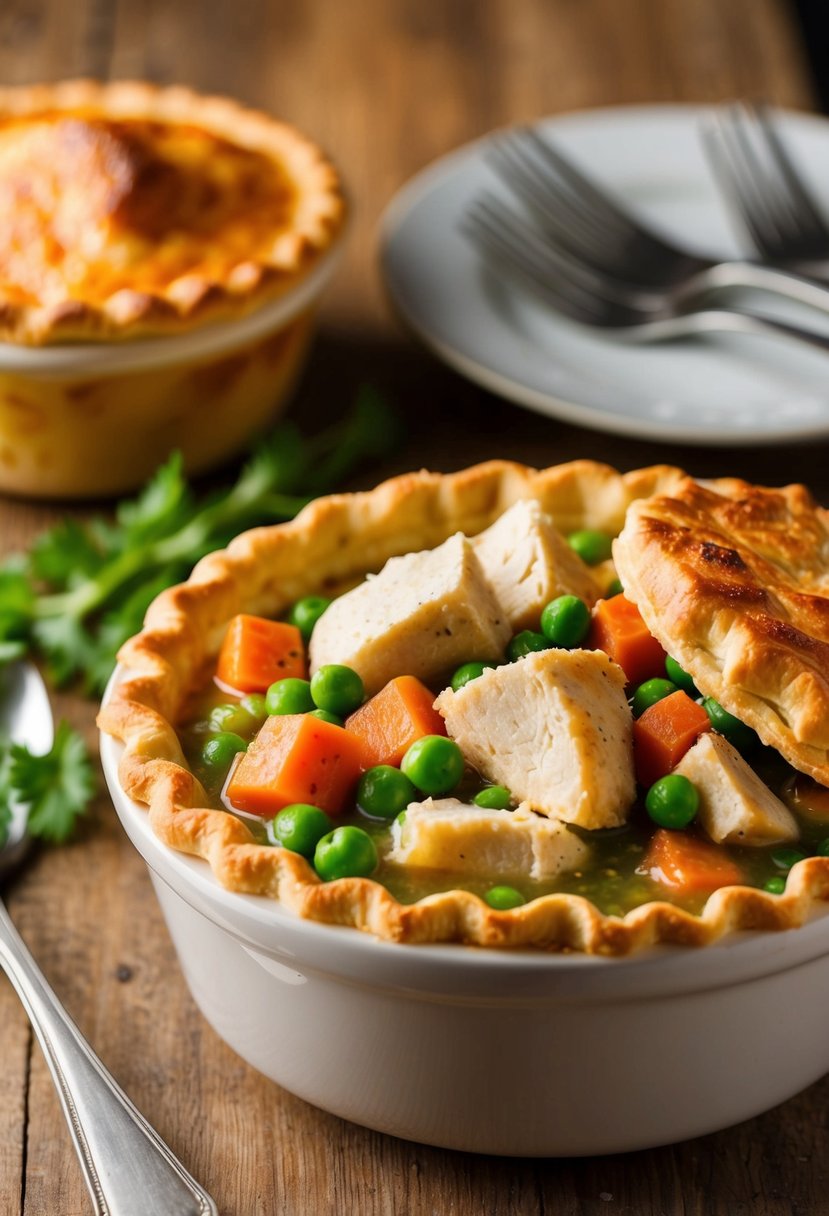 A bubbling pot pie filled with chunks of rotisserie chicken, peas, carrots, and a golden, flaky crust