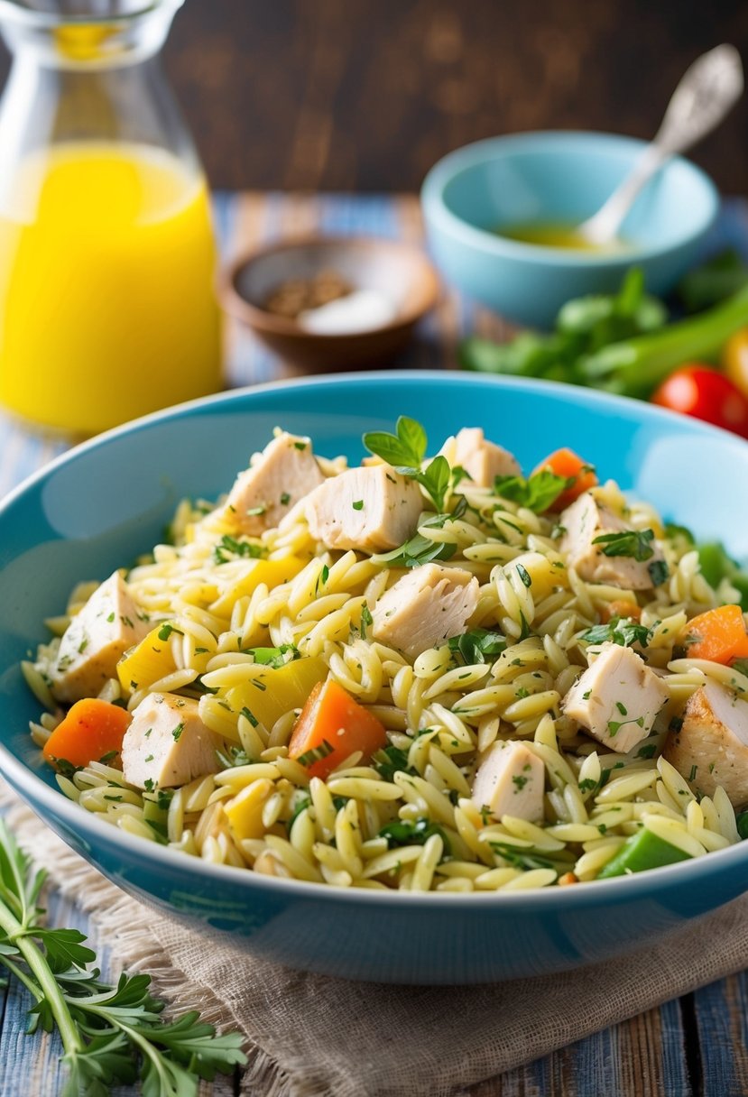 A colorful bowl of orzo salad with chunks of rotisserie chicken, fresh herbs, and vibrant vegetables, all tossed in a light vinaigrette