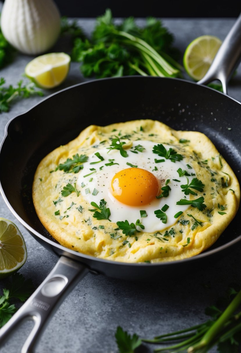 A skillet sizzling with a fluffy herbed egg white omelette surrounded by fresh vegetables and herbs