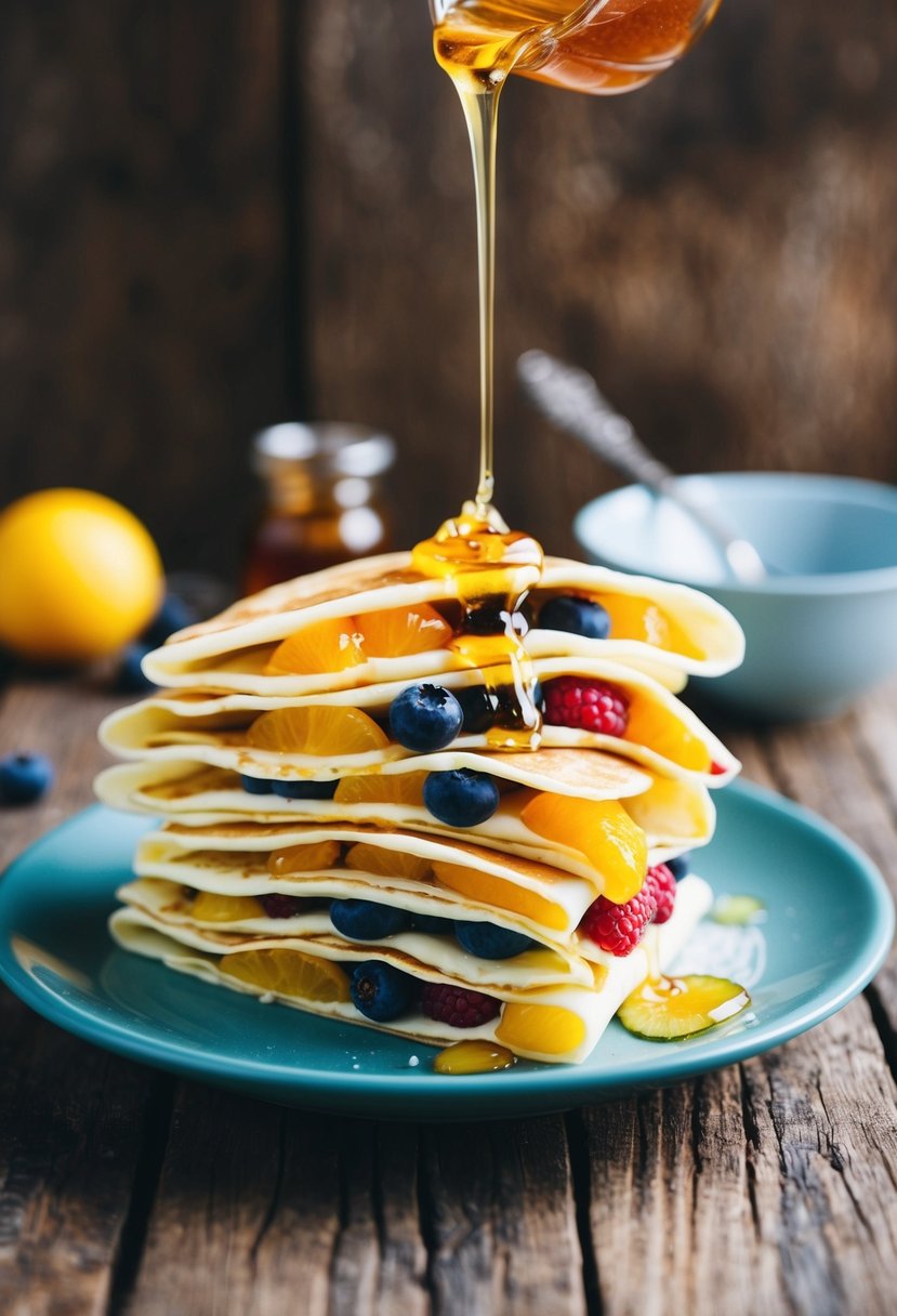 A stack of delicate egg white crepes filled with fresh fruit and drizzled with honey, displayed on a rustic wooden table