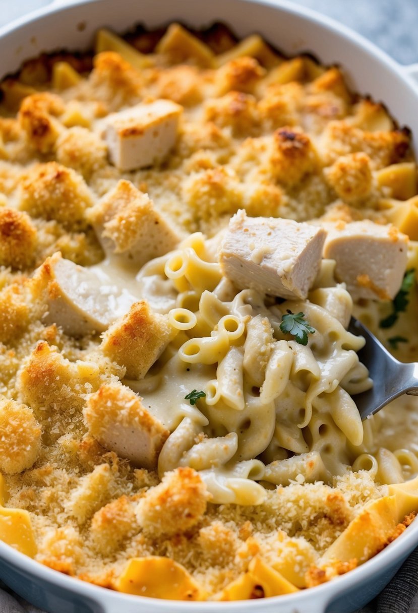 A bubbling casserole dish of Chicken Alfredo Pasta Bake, with chunks of rotisserie chicken mixed in, topped with melted cheese and golden breadcrumbs