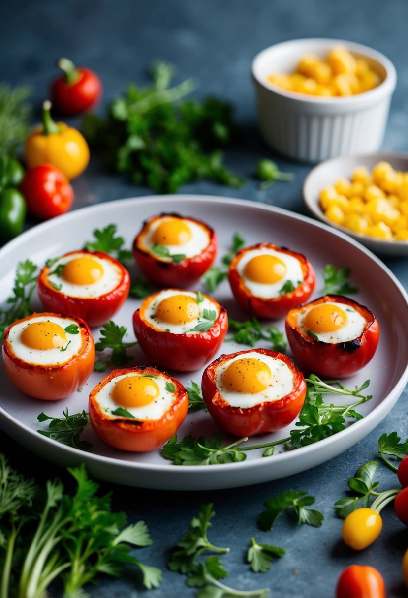 A plate of Roasted Red Pepper Egg White Bites surrounded by fresh herbs and colorful vegetables