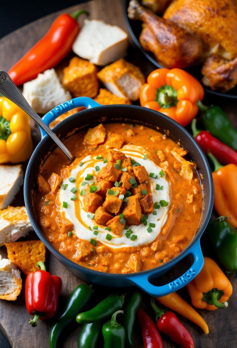 A bubbling pot of spicy buffalo chicken dip, surrounded by chunks of rotisserie chicken and a variety of colorful peppers and spices