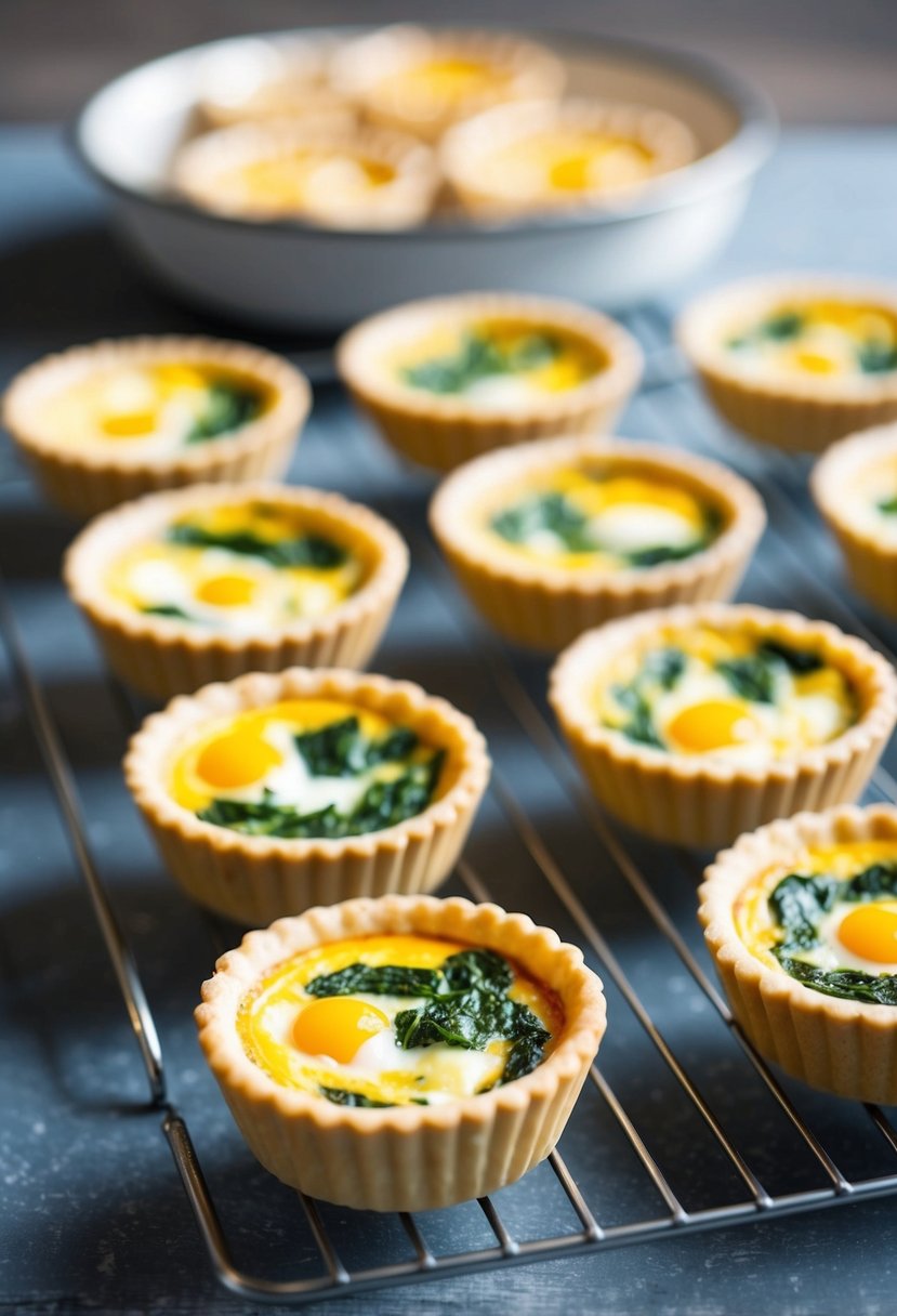 A tray of golden-brown spinach and egg white quiche cups cooling on a wire rack