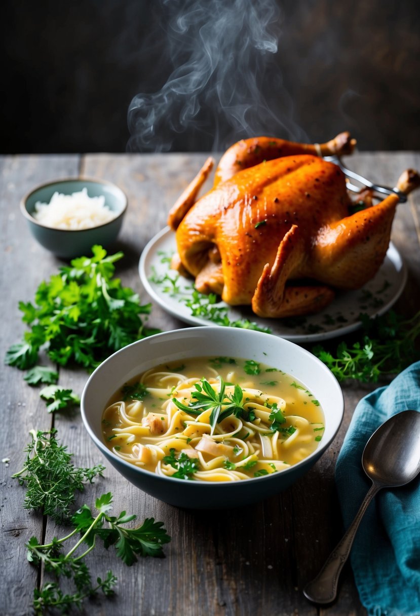 A steaming bowl of chicken noodle soup surrounded by fresh herbs and a rotisserie chicken on a rustic table