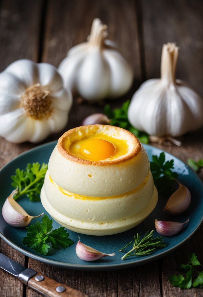 A fluffy egg white soufflé surrounded by fresh garlic cloves and herbs on a rustic wooden table