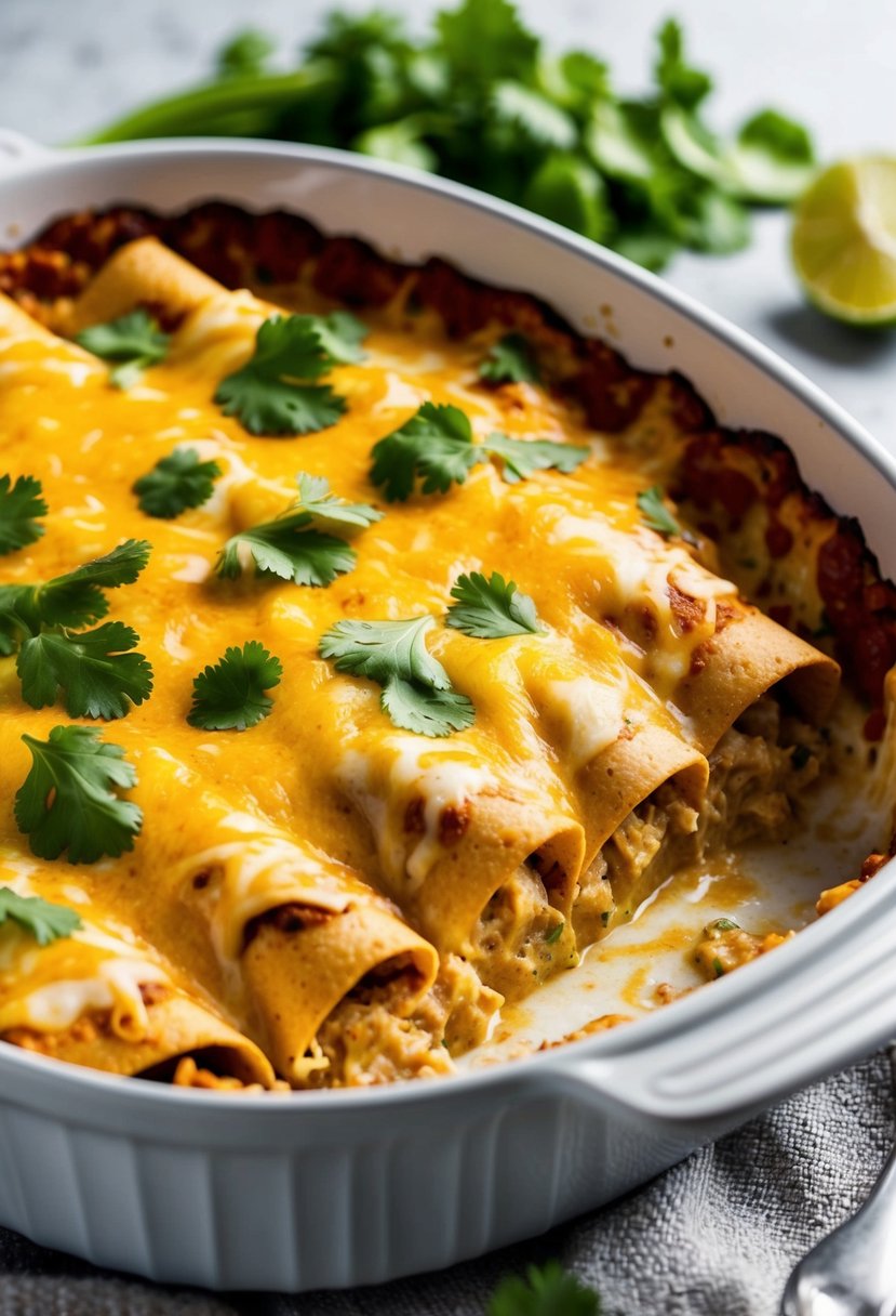 A bubbling casserole dish filled with creamy chicken enchiladas, topped with melted cheese and garnished with fresh cilantro