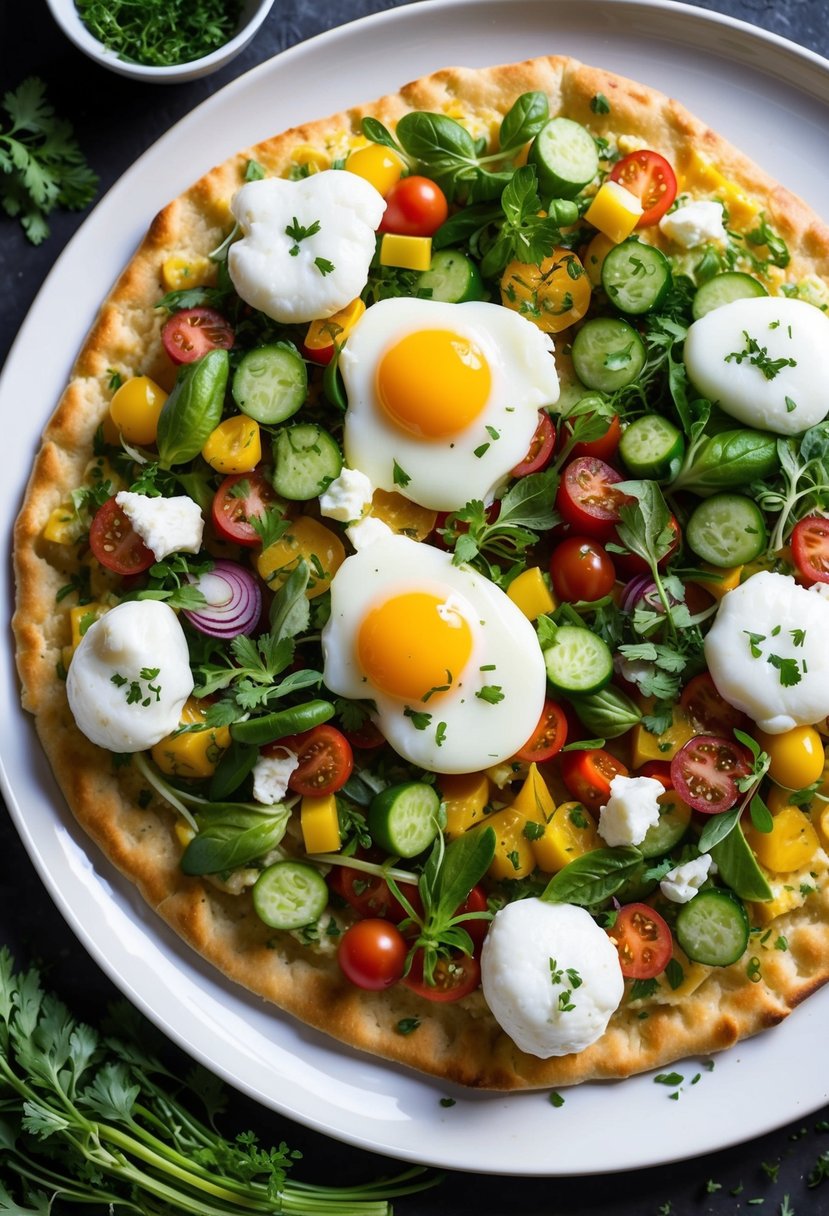 A colorful array of fresh Mediterranean vegetables and herbs are arranged on a golden, crispy flatbread crust, topped with fluffy clouds of egg white and melted cheese