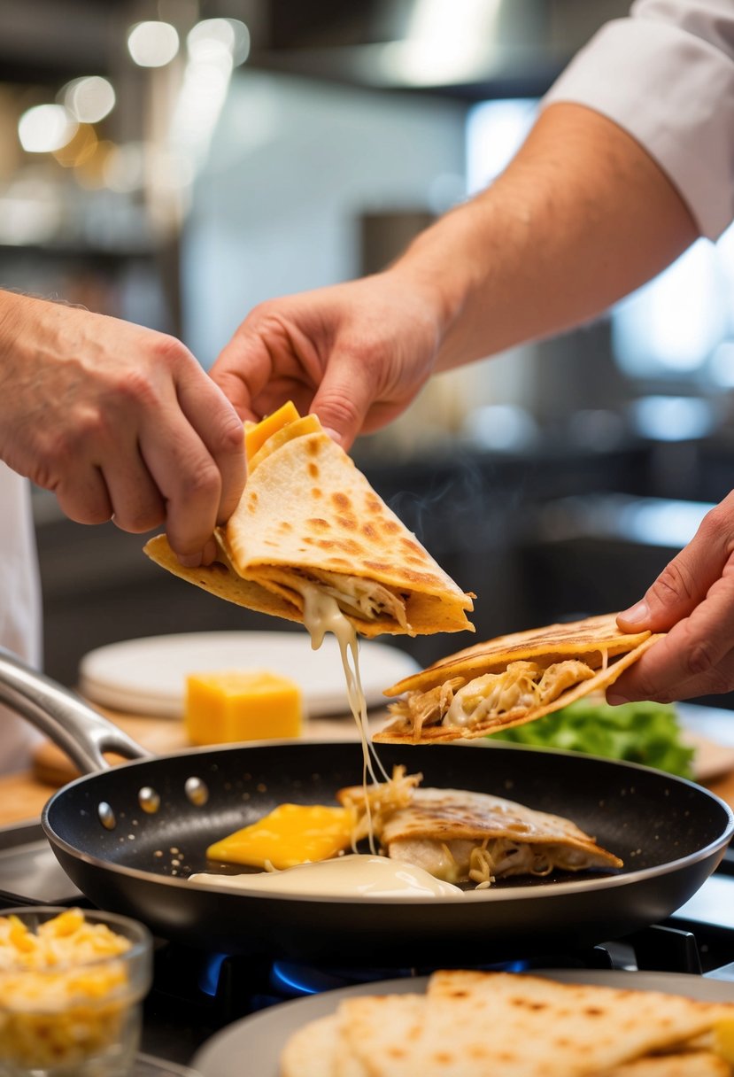 A chef is assembling crispy chicken quesadillas using rotisserie chicken, cheese, and tortillas on a sizzling hot pan