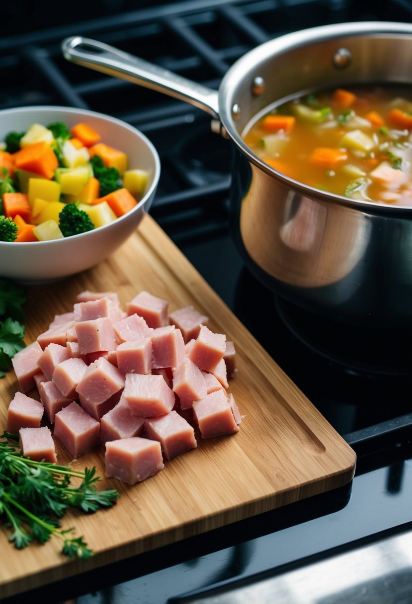 A cutting board with diced ham, alongside a bowl of mixed vegetables and a pot of simmering soup on a stovetop