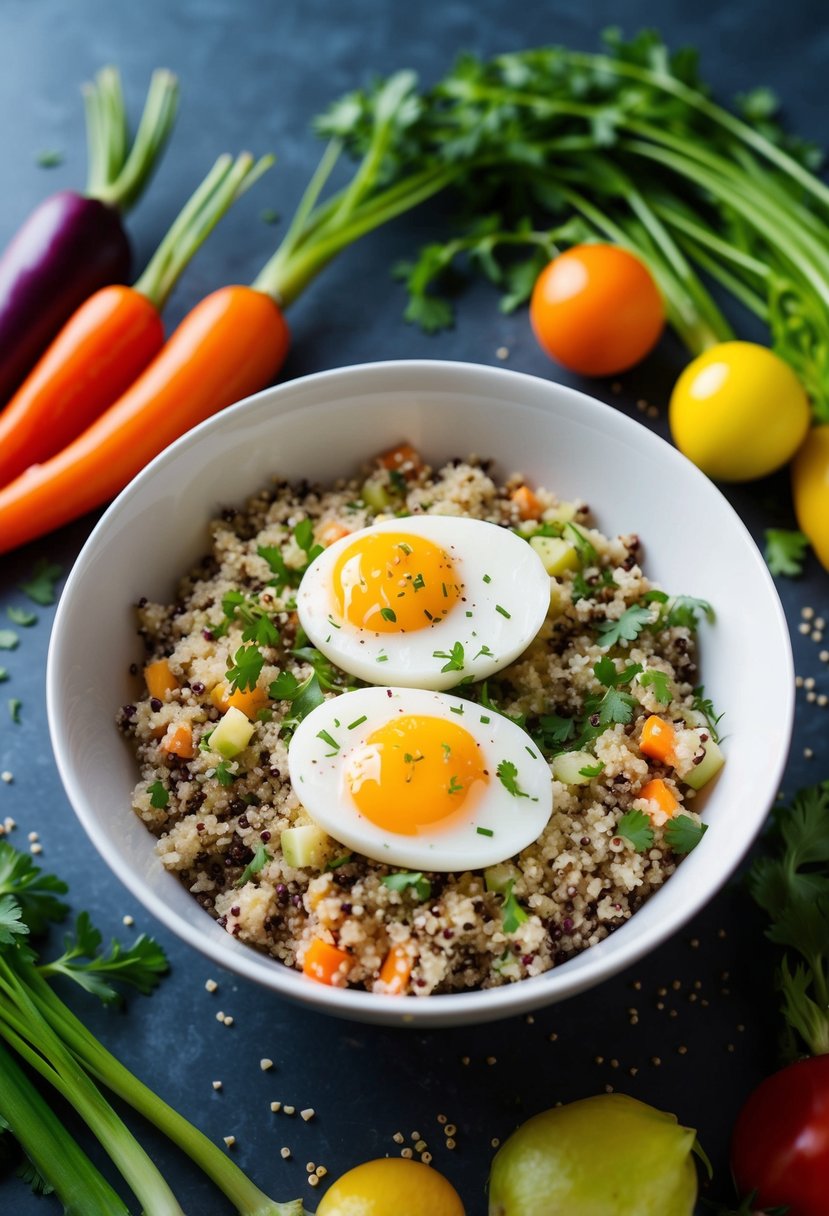 A white bowl filled with quinoa, topped with fluffy egg whites, surrounded by colorful vegetables and sprinkled with herbs