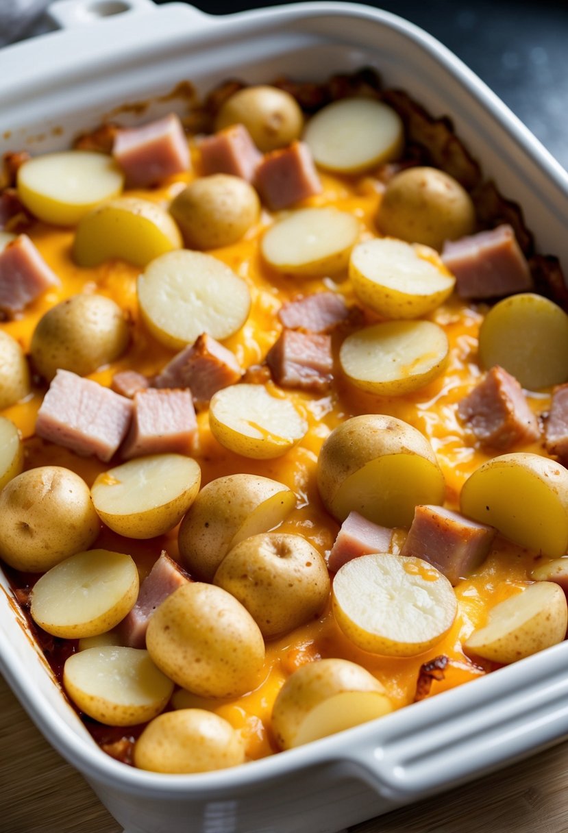 A bubbling casserole dish filled with layers of sliced potatoes, chunks of ham, and melted cheese, fresh out of the oven