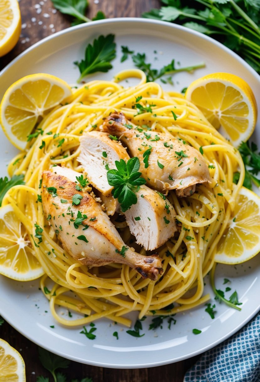 A colorful plate of zesty lemon chicken pasta, topped with tender pieces of rotisserie chicken, surrounded by fresh herbs and sliced lemons