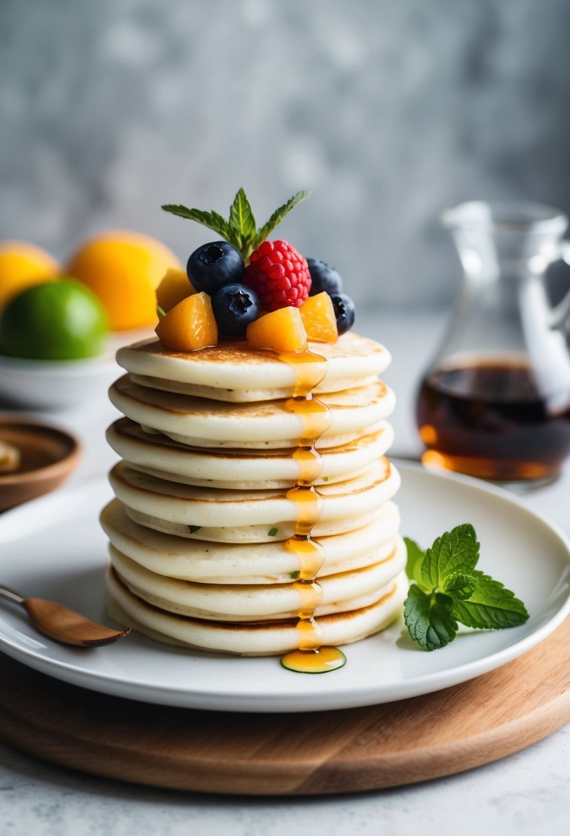 A stack of colorful fruit-topped egg white pancakes on a white plate with a side of maple syrup and a sprig of mint