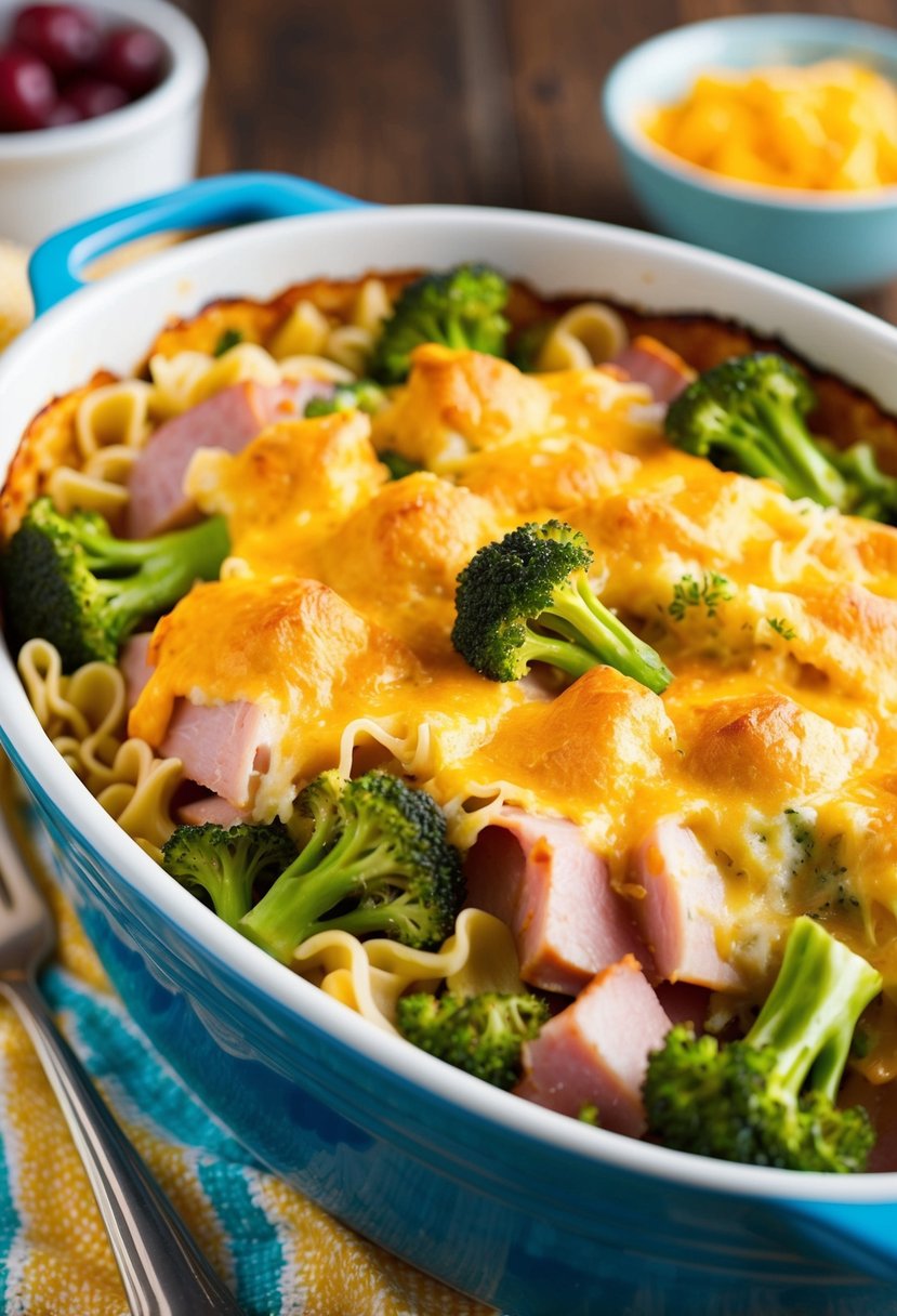 A colorful casserole dish filled with ham, broccoli, and noodles, topped with a golden, bubbling cheese crust