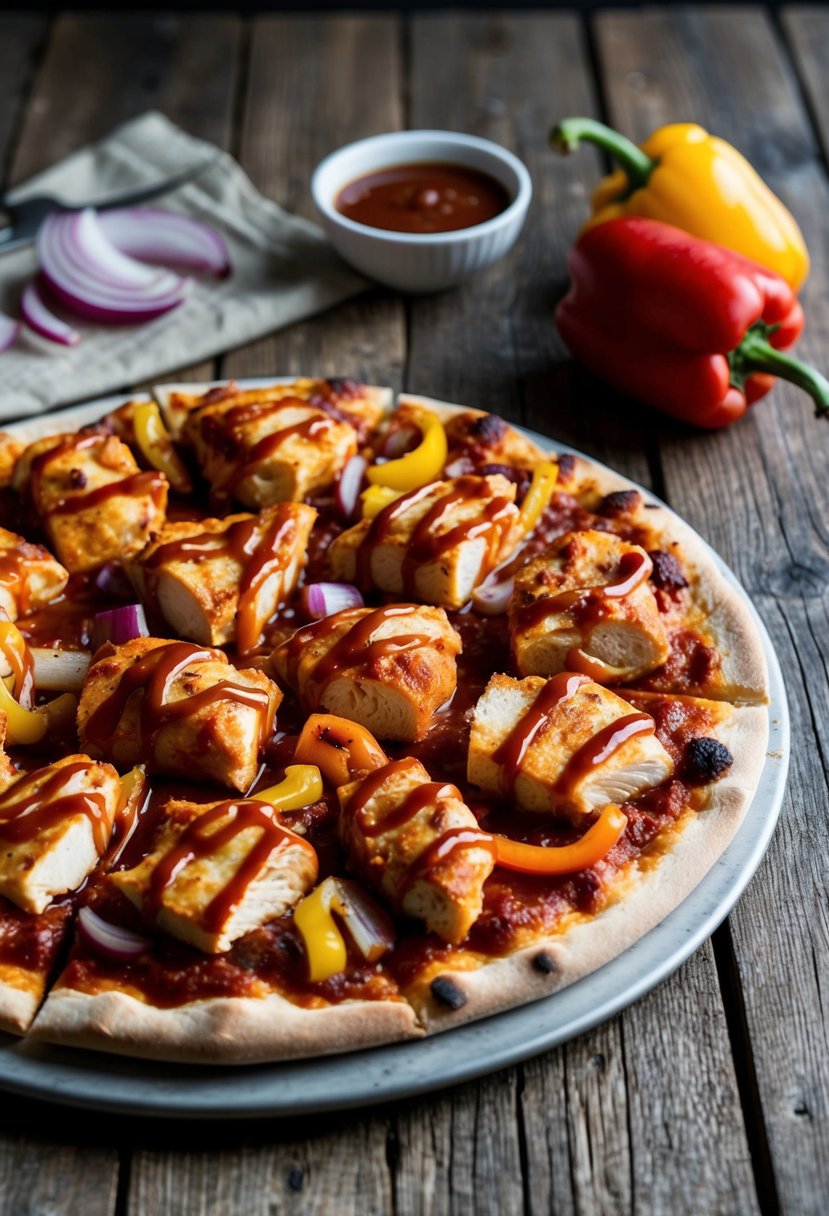 A rustic wooden table with a freshly baked tangy chicken BBQ pizza, topped with chunks of rotisserie chicken, drizzled with BBQ sauce, and sprinkled with colorful bell peppers and red onions