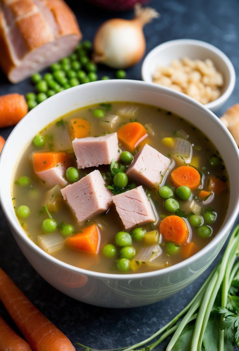 A steaming bowl of split pea soup with chunks of leftover ham, surrounded by fresh ingredients like peas, carrots, and onions