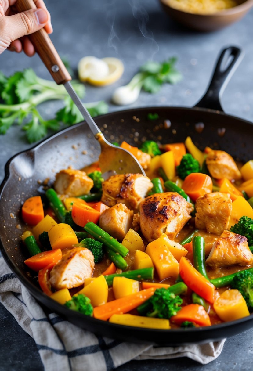 A sizzling skillet with colorful vegetables and chunks of rotisserie chicken being tossed together in a flavorful stir-fry sauce