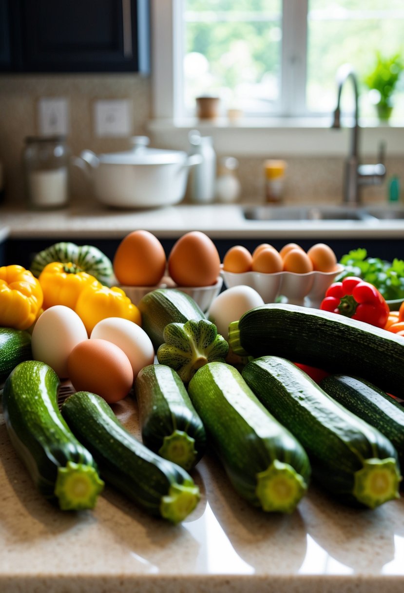 A colorful array of zucchinis, eggs, and other fresh ingredients arranged on a kitchen counter, ready to be used in a healthy egg white casserole recipe