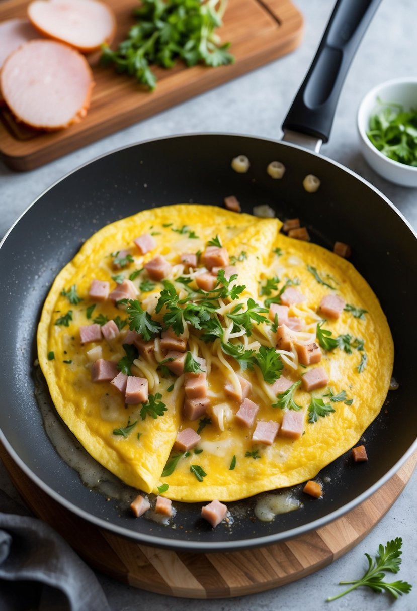 A sizzling omelet cooking in a non-stick pan, filled with diced ham, melted cheese, and fresh herbs, surrounded by a few leftover ham slices and a cutting board with ingredients