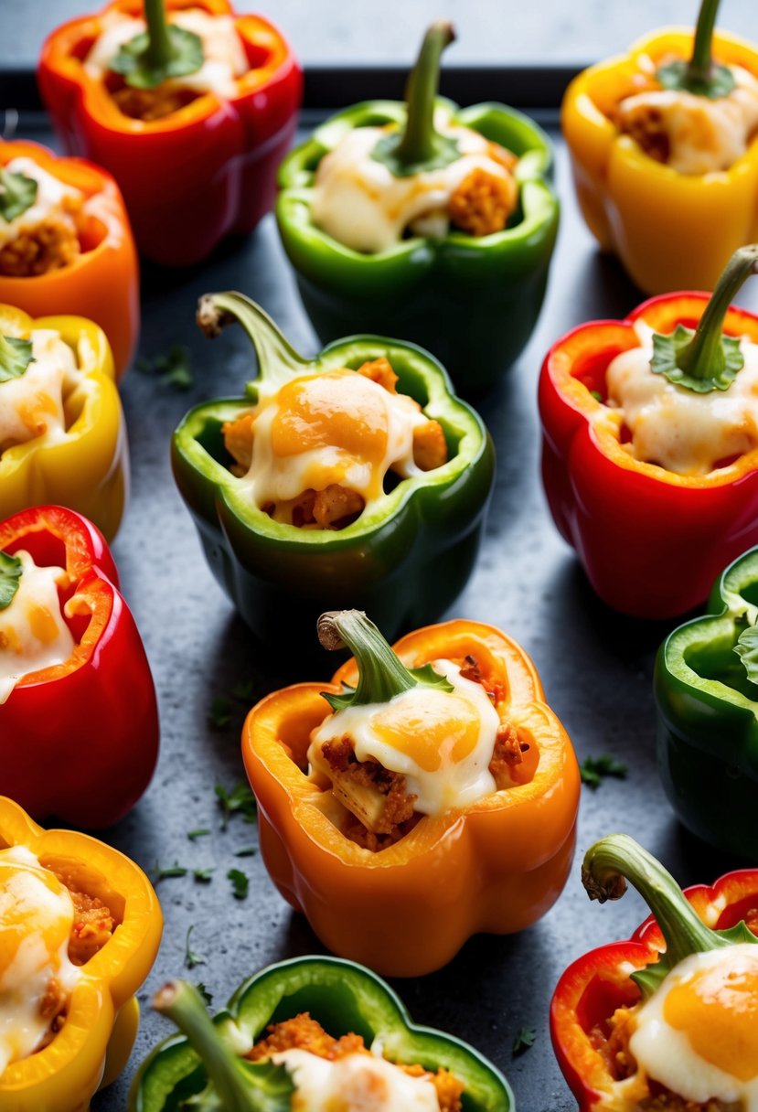 A colorful array of halved bell peppers filled with cheesy rotisserie chicken and topped with melted cheese