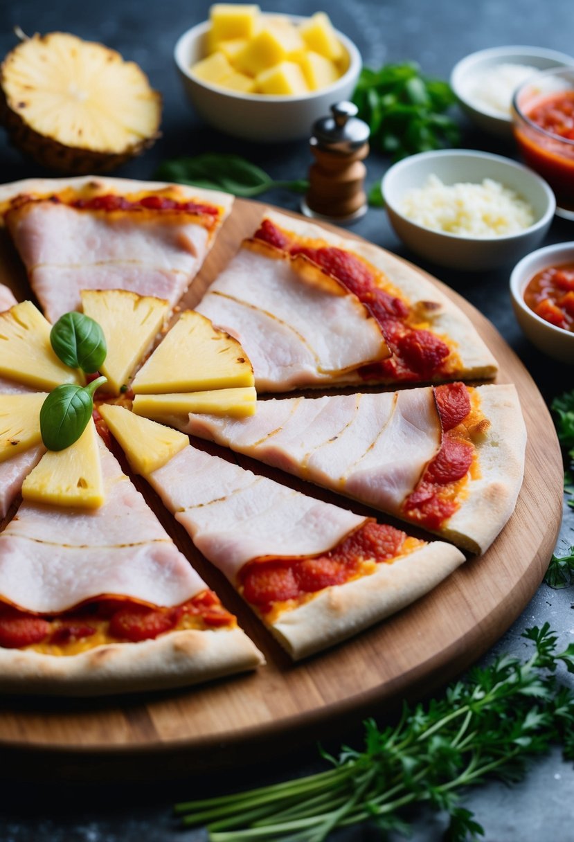 A pizza being prepared with slices of ham and pineapple on a wooden cutting board, surrounded by ingredients like cheese, tomato sauce, and herbs