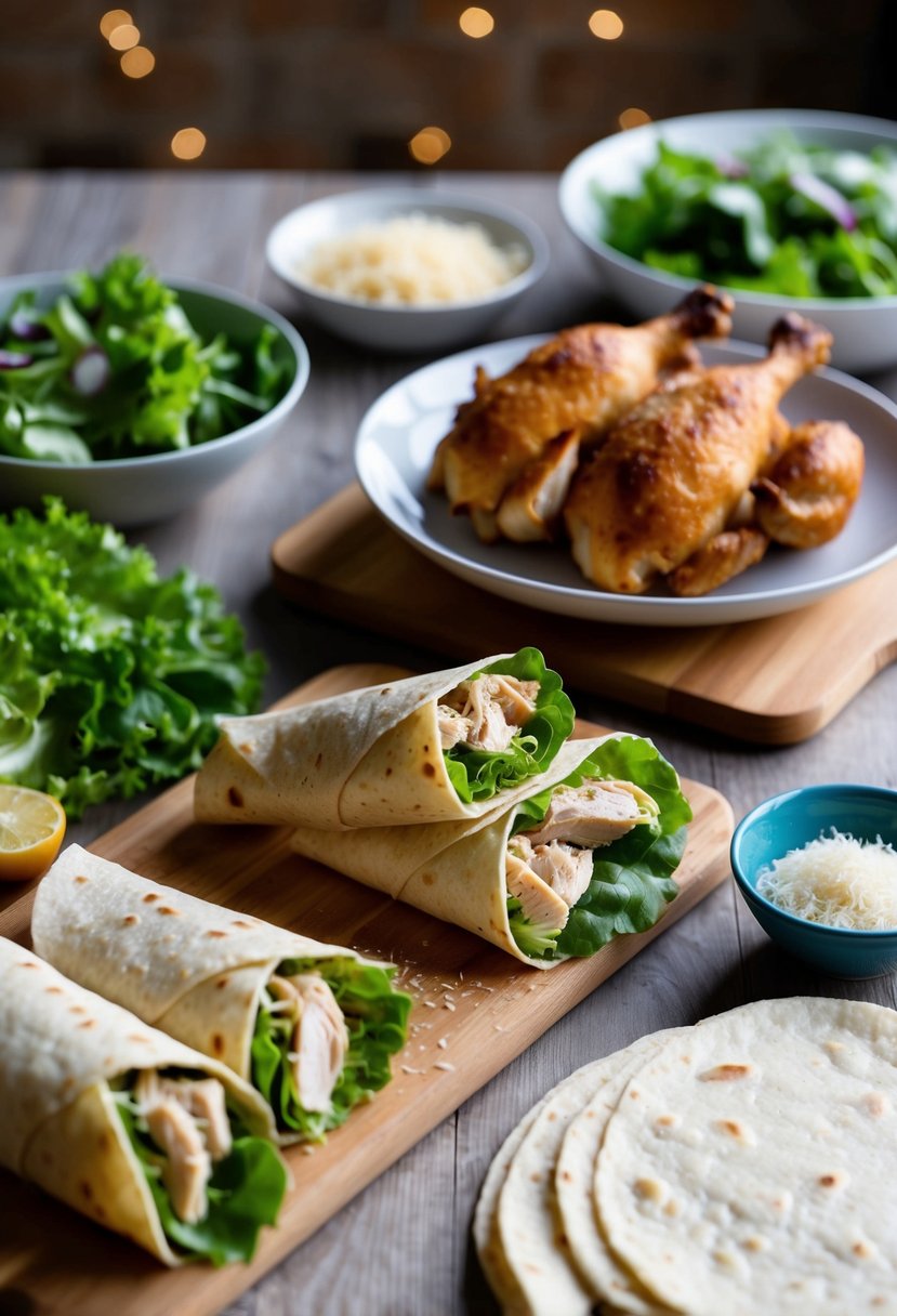 A table set with ingredients for Chicken Caesar Wraps, including rotisserie chicken, lettuce, Parmesan, and tortillas