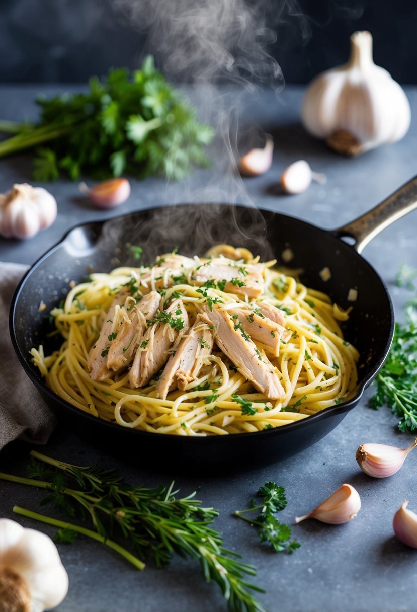 A steaming skillet of garlic herb chicken pasta with shredded rotisserie chicken, surrounded by fresh herbs and garlic cloves