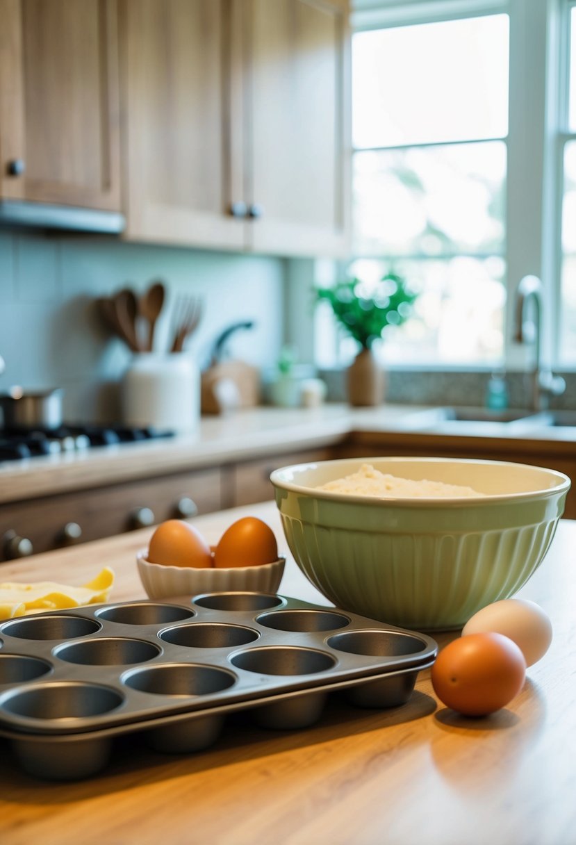 A kitchen counter with ingredients like ham, eggs, muffin tins, and a mixing bowl