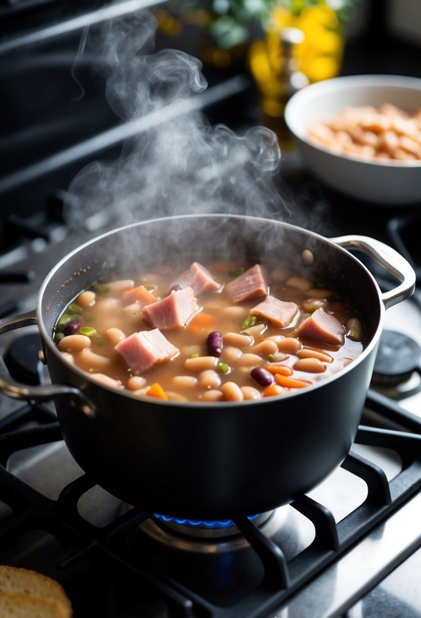 A pot of ham and bean soup simmers on a stovetop, steam rising and filling the kitchen with savory aromas. Chunks of tender ham and assorted beans are visible in the hearty broth