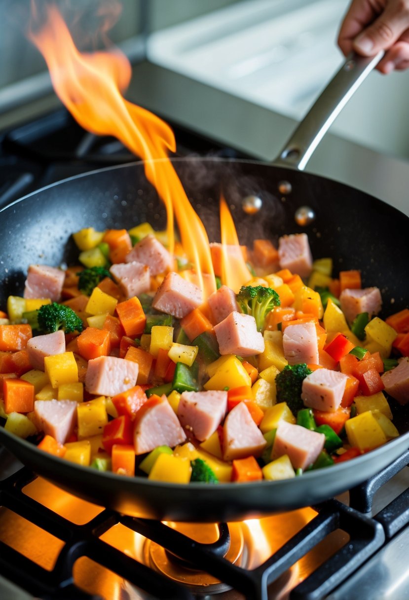 A sizzling skillet filled with colorful diced vegetables and chunks of savory ham, being tossed and stir-fried over a high flame