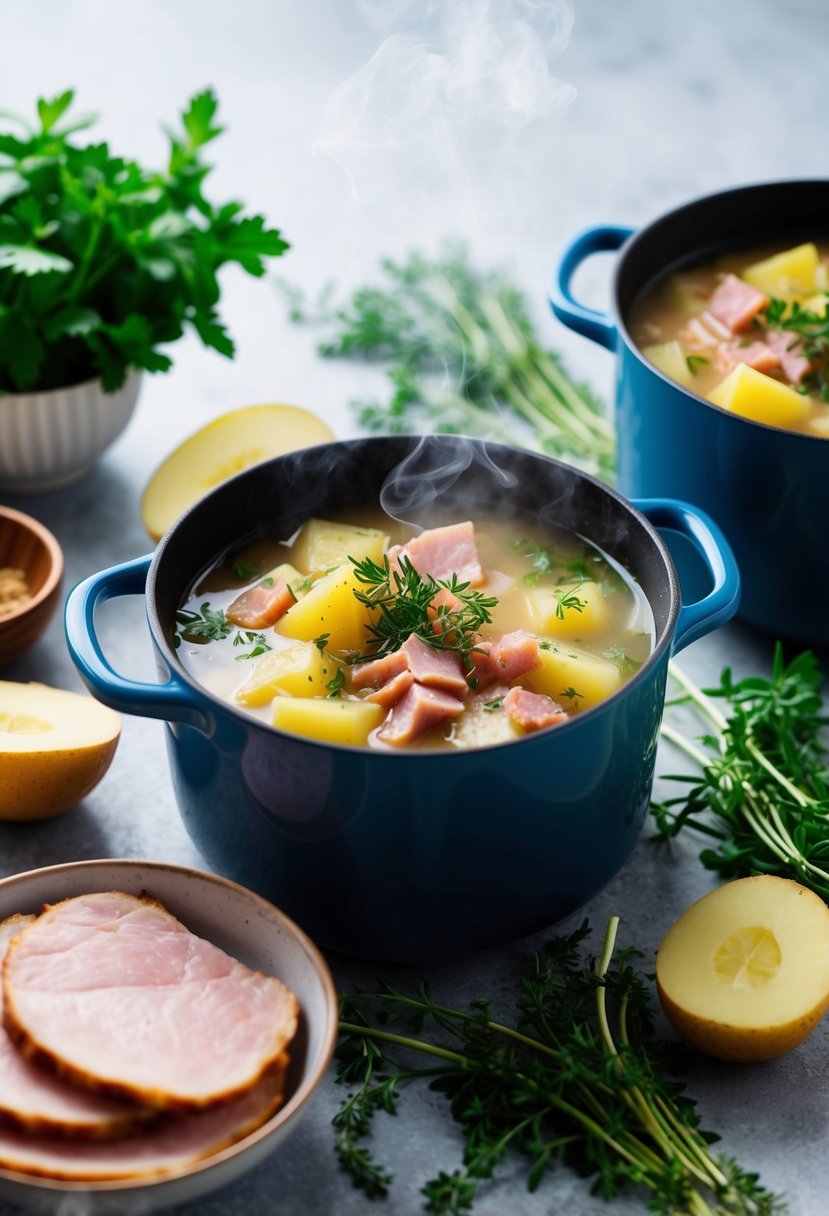 A steaming pot of ham and potato soup surrounded by fresh herbs and a bowl of leftover ham