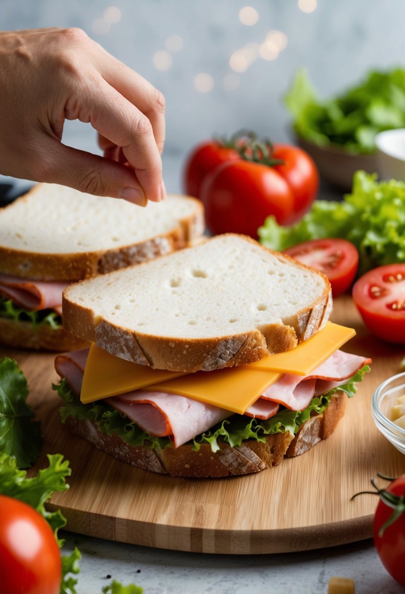 A sandwich being assembled with sliced ham, cheese, and bread on a cutting board, surrounded by ingredients like lettuce, tomatoes, and condiments