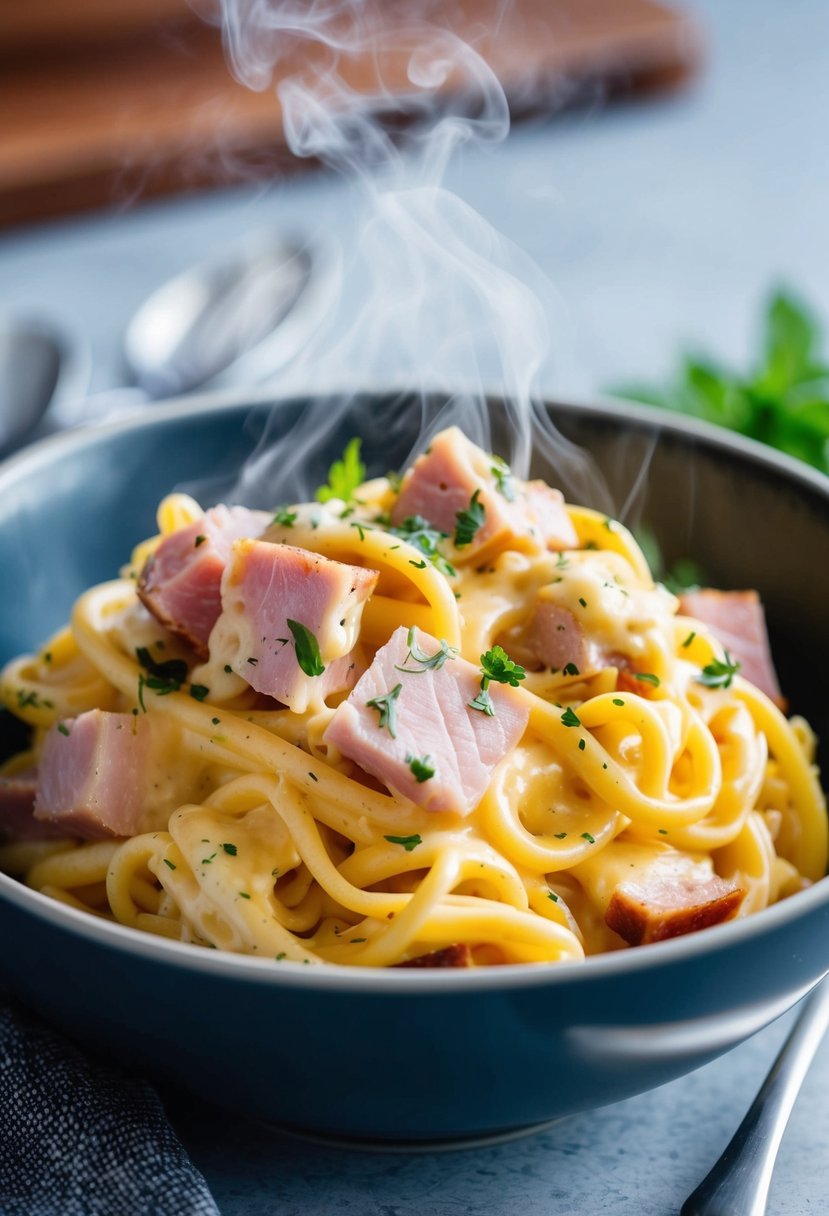 A steaming bowl of ham and cheese pasta, with chunks of leftover ham, creamy cheese sauce, and sprinkled with fresh herbs