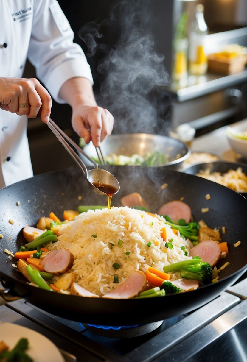 A chef stir-fries rice, ham, and vegetables in a sizzling wok. The aroma of soy sauce and ginger fills the air