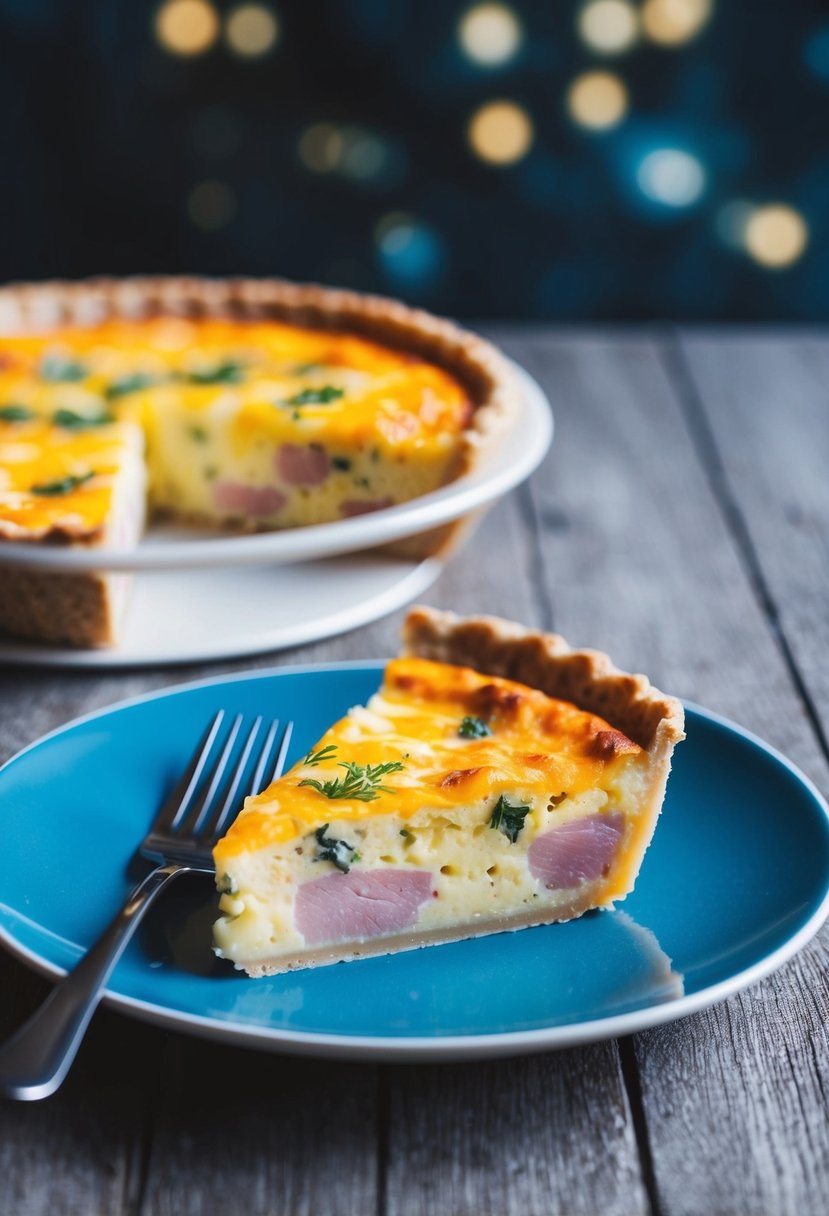 A slice of ham and cheese quiche being served on a plate with a fork beside it