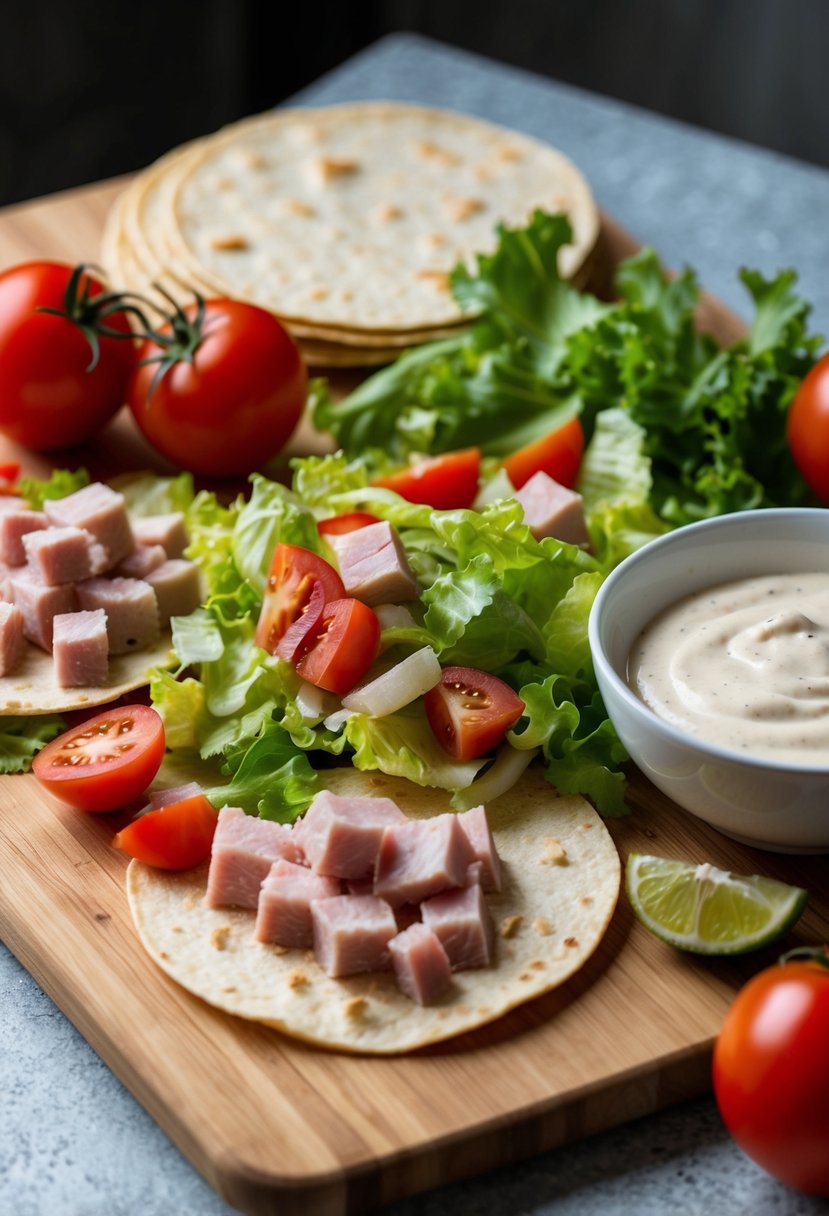 A cutting board with diced ham, lettuce, and tomatoes, surrounded by tortillas and a bowl of creamy dressing